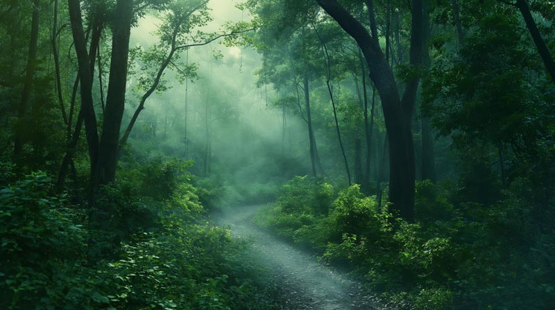 A dense, lush forest at dawn with a winding path leading into a misty background, symbolising the intricate journey of mental health, depression and suicidal.