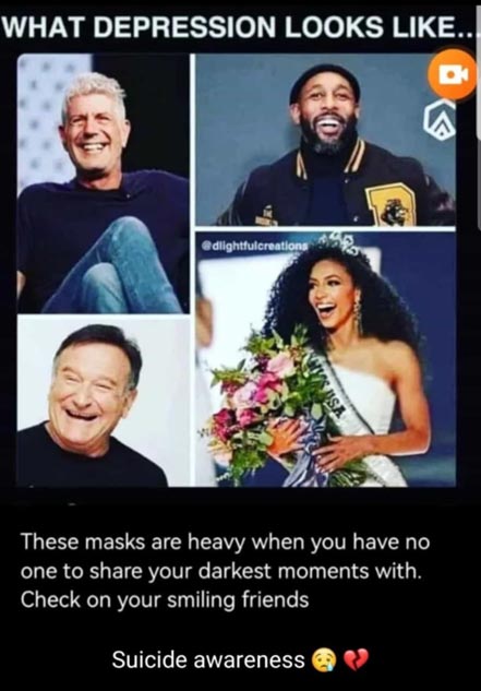 Smiling portraits of Stephen “tWitch” Boss, Anthony Bourdain, Stephanie Adams, and Robin Williams with a caption about the weight of hidden struggles and suicide awareness.