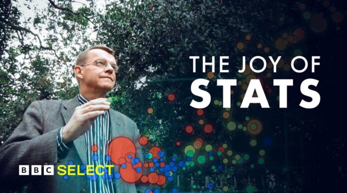 Hans Rosling in a suit looking upwards with colorful bubbles floating around him and the text 