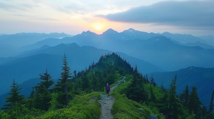 A wide landscape image showing a lone hiker, dyslexia journey navigating a mountain path through a lush forest illuminated by sunlight.