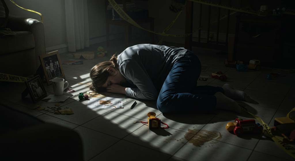 A woman lies curled on the floor of a dimly lit, disordered room, surrounded by scattered toys, spilled drinks, torn papers, and family photos, the air heavy with the emotional weight of fucking someone and being systematically broken by it.