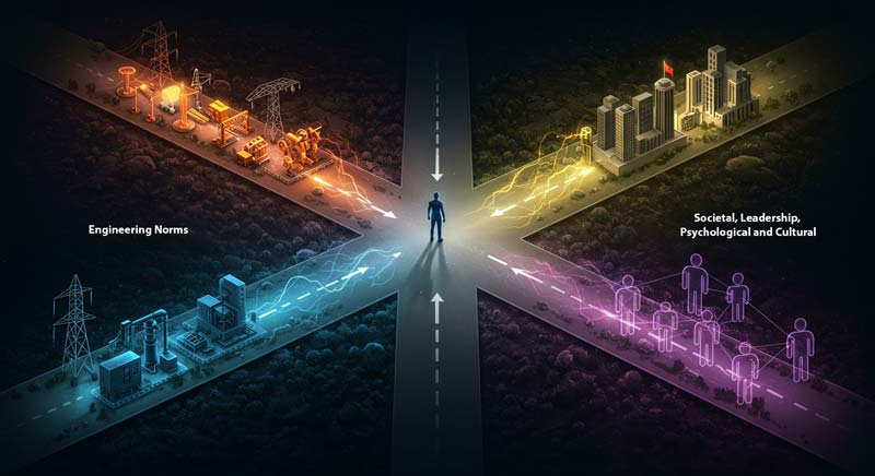 A lone figure stands at a four-way intersection where streams of energy from industrial, political, technological, and social systems converge, symbolising the different sources of power that shape human existence.