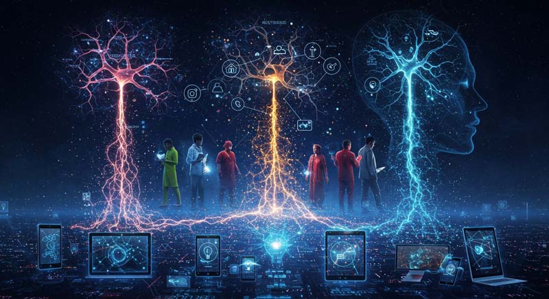 Diverse individuals stand beneath glowing neural networks and rising streams of digital energy from devices, symbolising how technology, demographics, and evolving ideas are reshaping the distribution of power.