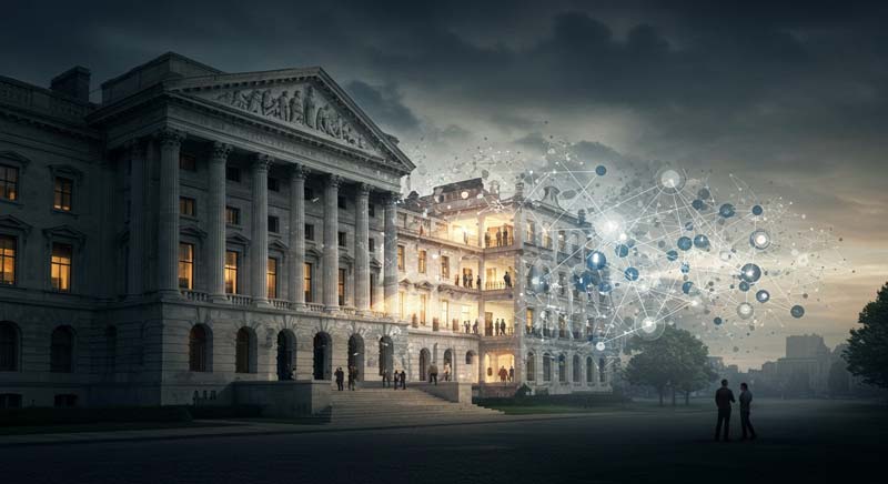 A grand neoclassical building stands partially intact while sections dissolve into a web of glowing, interconnected nodes, symbolising the shift from traditional authority to distributed influence and the transformation of power.