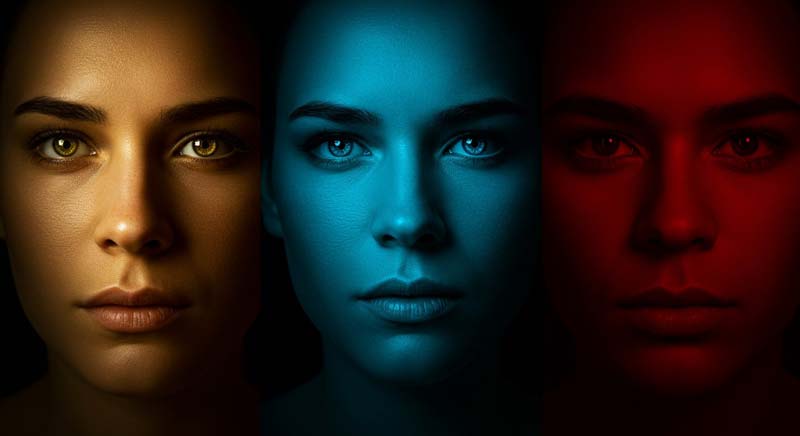 A woman’s face is split into three vertical panels, each coloured differently with gold, blue and red, portraying narcissism, Machiavellianism and psychopathy respectively, with each gaze reflecting traits of self-absorption, cold calculation and predatory intent, all tied together by the underlying sense of fucking someone without remorse.