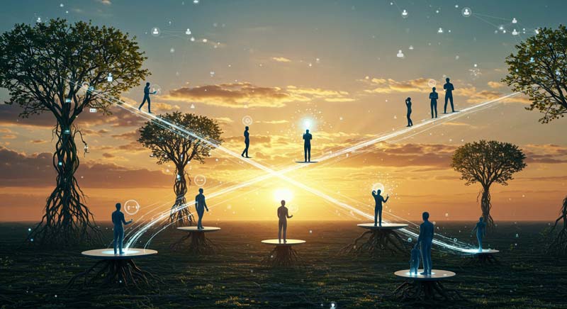 Silhouetted figures stand on floating platforms linked by glowing streams of energy against a golden-blue sky, symbolising a decentralised and dynamic flow of ideas and influence across individuals.