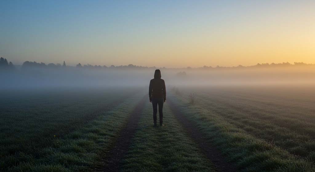 A person wearing a hoodie stands alone on a grassy path surrounded by thick morning mist as the sun rises in the background, capturing a quiet moment filled with certainty and fear.