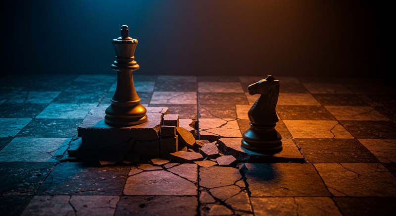 Two chess pieces stand on a broken tiled board; the king is elevated on a raised platform while the knight rests lower on cracked terrain, under dramatic lighting split between blue and amber.