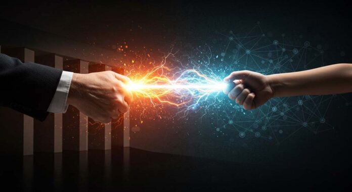 A mature hand in a business suit and a youthful hand clash in a burst of vivid energy, symbolising conflict and the dynamic exchange of influence between tradition and modernity. The transformation of power.