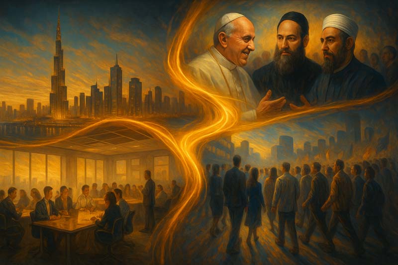 A golden energy thread connects a Middle Eastern skyline, a meeting of a Pope, Jewish priest, and Imam, a collaborative office environment, and a crowd moving through a cityscape, illustrating transformation of power in modern society.