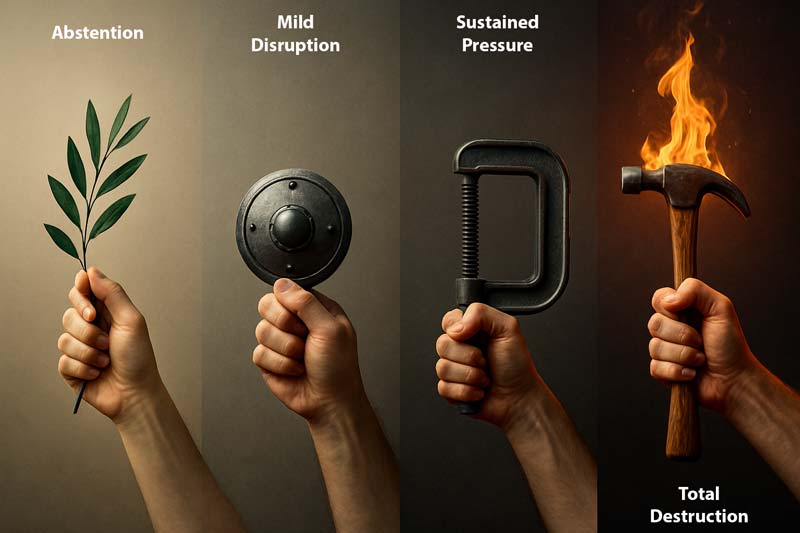 Four hands each hold a symbolic object representing different responses to conflict including an olive branch for peace, a shield for defence, a vice for pressure, and a flaming hammer for destruction.