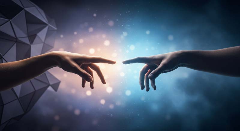 Two hands from different backgrounds reach out towards one another across a luminous divide, symbolising human connection shaped by certainty and fear against contrasting environments.