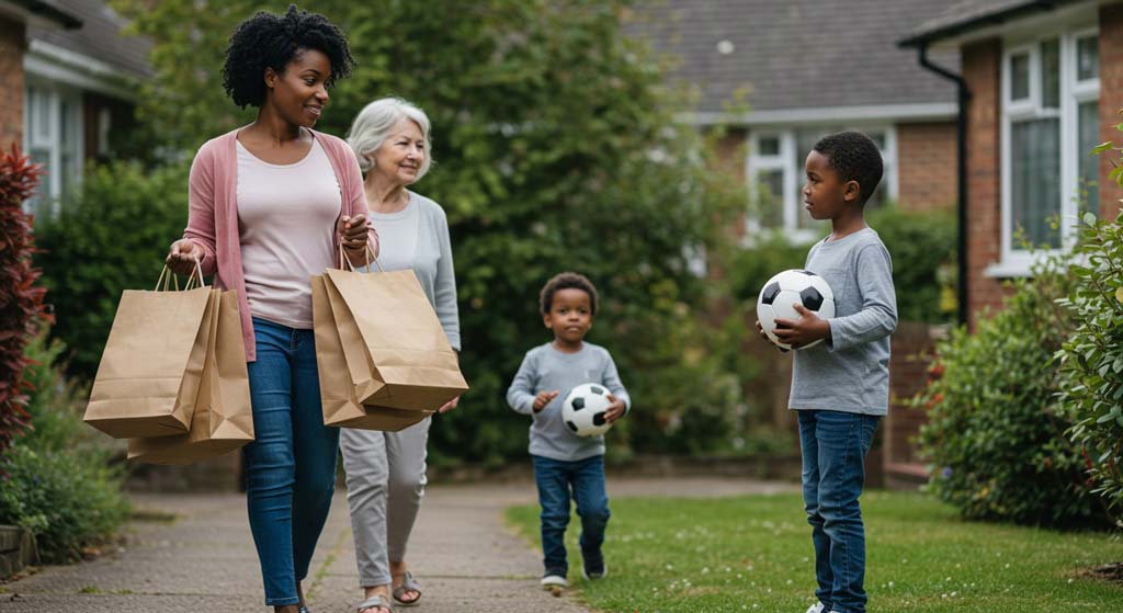 A Black mother helps an elderly white woman by carrying her shopping bags down a residential street. One of her sons stands on the grass nearby holding a football, silently watching her with focused intensity as your kids are watching while a younger sibling follows behind with another football. The mother is unaware she's being observed.