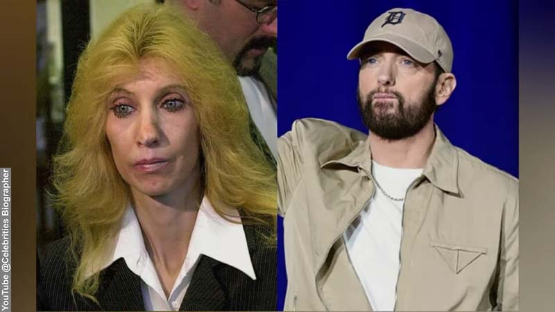 Split screen showing Eminem's mother death tribute with Debbie Nelson and Eminem in formal portraits
