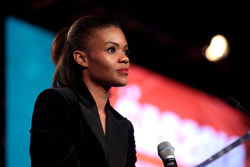 Conservative influencer Candace Owens delivering speech to university students at political conference in Florida.