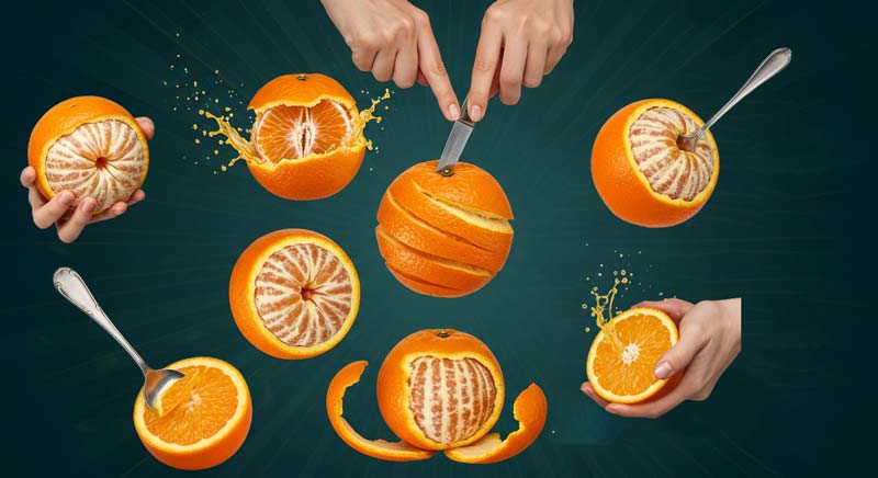 A series of oranges are peeled in six different ways to illustrate varied approaches; some torn by hand, others cut with knives or peeled with spoons, highlighting that you can't play a player when strategy shapes every move.