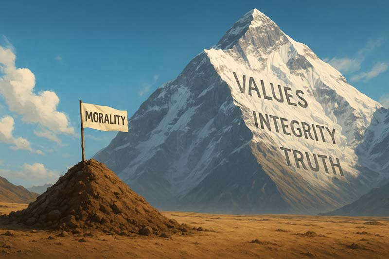 A small molehill with a “MORALITY” flag stands in stark contrast to a towering Mount Everest in the background, carved with “VALUES,” “INTEGRITY,” and “TRUTH,” under dramatic lighting and a clear sky.