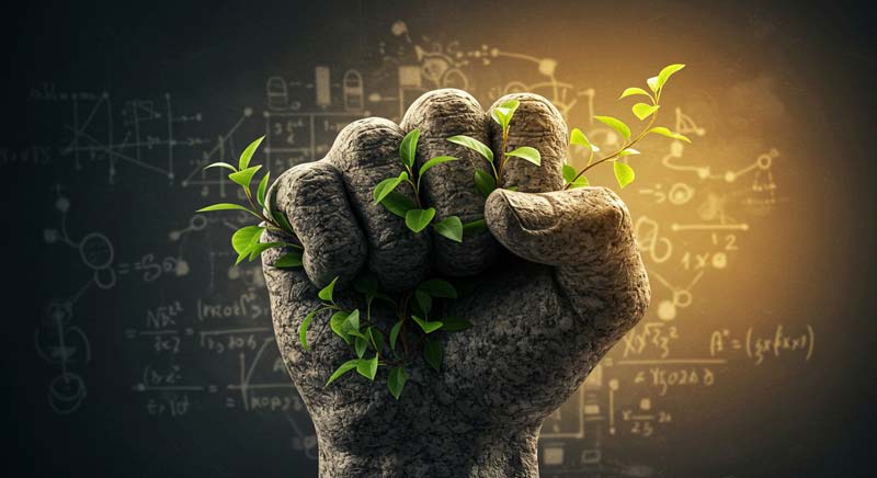 A stone fist rises firmly with delicate green vines growing between its fingers, reaching toward soft golden light. In the background are faint mathematical equations and geometric patterns, hinting at a mix of academic and lived experience.