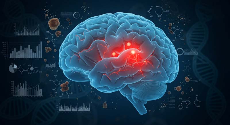 A translucent human brain in profile, shaded in blue and grey with red-highlighted trauma regions, surrounded by floating research charts, molecular diagrams, and DNA strands, illustrating how Swedish mother abandons British kids trauma can physically alter brain development and function.
