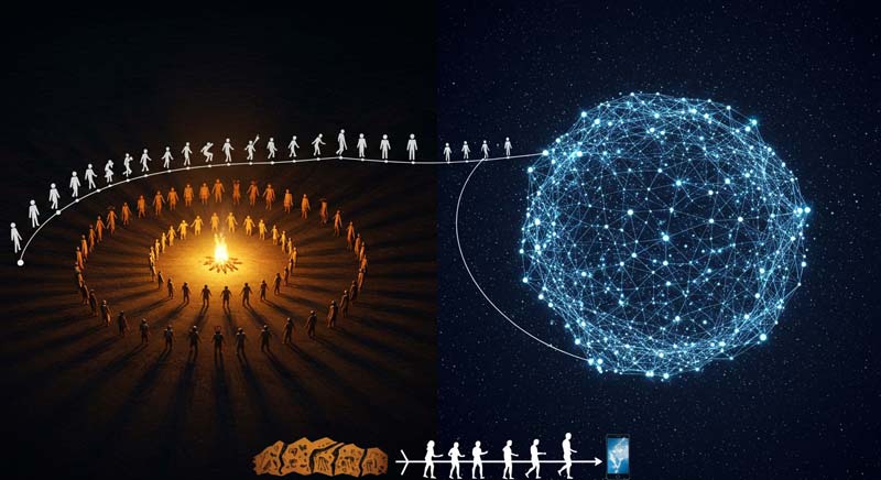 A visual split shows a warm tribal circle of people gathered around a fire beside a cold digital globe of connected nodes, linked by a timeline of human evolution from cave paintings to smartphones, highlighting why people struggle to understand others in a modern world of overwhelming global connectivity.