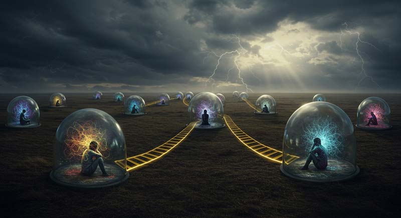 A surreal scene of people sitting alone inside glass domes scattered across a barren field, each surrounded by swirling colourful energy patterns, with golden light bridges that begin to connect but dissolve before reaching, under a stormy sky with faint rays of sunlight breaking through.