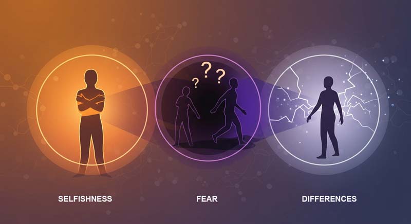 A minimalist illustration showing three overlapping circles with human silhouettes inside, representing selfishness, fear, and differences as psychological barriers to understanding others.