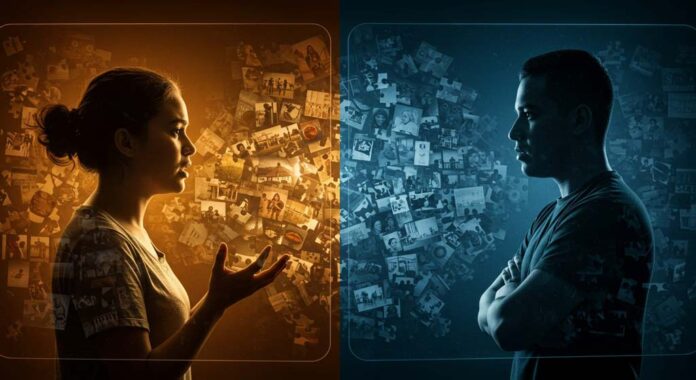 A woman speaks with open hands in warm golden light while a man stands with folded arms in cool blue shadows, separated by a barrier of fragmented puzzle-like memories and cultural images, illustrating why people struggle to understand others.