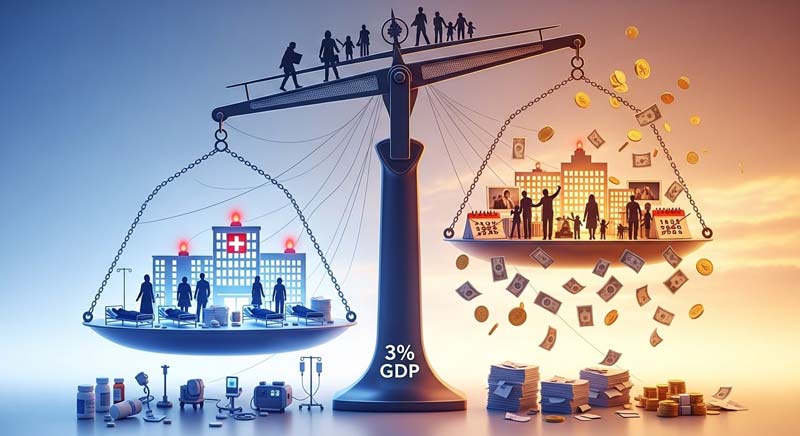 An illustration depicting the physical inactivity and obesity crisis through a large weighing scale marked with 3% GDP, where one side is weighed down by hospitals, medicines, and medical bills in cold blue tones, and the other side rises with warm golden imagery of people living active, fulfilled lives, symbolising the human and economic cost imbalance.