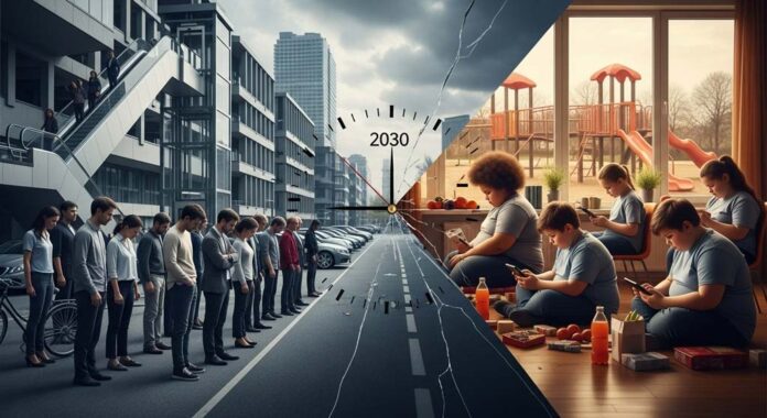 An image symbolising the physical inactivity and obesity crisis, showing a split between exhausted adults in a grey cityscape and sedentary children indoors surrounded by junk food, as a cracked clock marked 2030 connects both worlds, capturing the sense of urgency and societal decline.