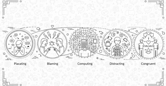 Detailed vintage-style black and white illustration showing five linked circles representing family communication styles. Each circle depicts a different pattern: a bowed figure saying “yes” and “sorry” for placating; two people arguing for blaming; a person with a calculator head for computing; a multitasking figure juggling items for distracting; and two people calmly facing each other for congruent communication. The background features layered speech bubbles and decorative geometric patterns that enhance the concept of family communication styles.