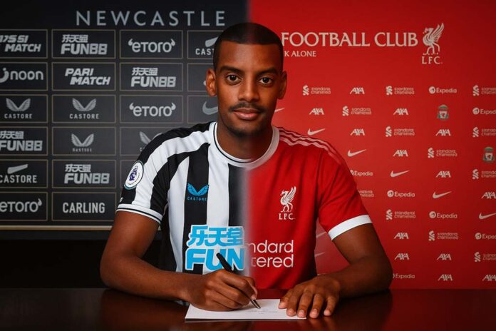 A digitally composited image of Alexander Isak signing a contract, with the background split between Newcastle United’s black sponsor wall on the left and Liverpool FC’s red sponsor wall on the right. His shirt is also divided, half Newcastle stripes and half Liverpool red, symbolising his transfer and the debate around Isak's sabotage.