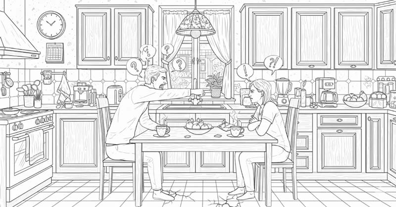 Detailed black and white line drawing showing a heated argument between two people in a kitchen. The man on the left leans forward, pointing and shouting, while the woman on the right stands with crossed arms, looking defiant. The kitchen background includes cabinets, tiled walls, a hanging light, and everyday items, capturing the emotional intensity of a domestic dispute.