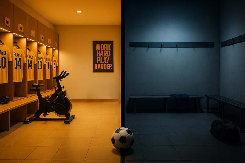 A wide split locker room scene showing a glowing, modern first-team space on the left and a cold, bare exile room on the right, with a single football centred on the dividing line.