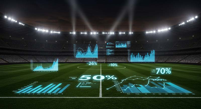 A nighttime football stadium under floodlights with glowing blue and white performance graphs and holographic numbers projected across the pitch, presenting statistical evidence against Isak's sabotage.