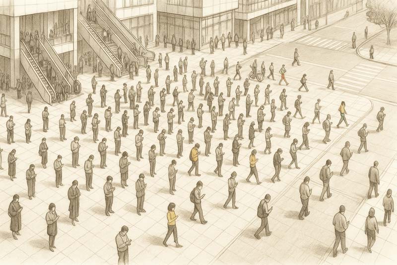 A finely detailed pencil sketch showing a large city plaza crowded with motionless people absorbed in their phones, with only a few highlighted individuals walking or moving, symbolising the physical inactivity and obesity issues and the quiet dominance of sedentary urban life.