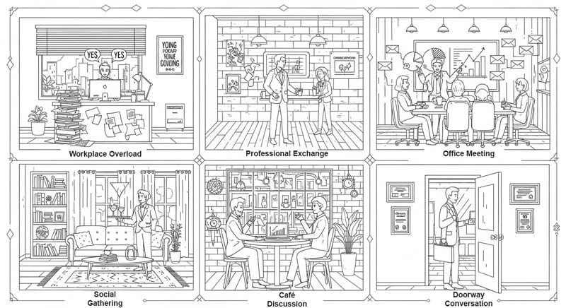 Detailed black and white illustration showing five connected scenes exploring family communication styles in different professional and social contexts. Each panel represents a distinct interaction — a worker overwhelmed with requests symbolising placating, a tense meeting depicting blaming, a focused café conversation showing computing, a cheerful host diverting tension representing distracting, and two colleagues calmly talking in a hallway symbolising congruent communication — all unified by decorative geometric borders and intricate background patterns that enhance the concept of family communication styles.