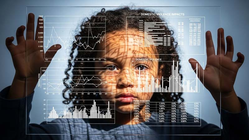 A young mixed-race girl holds up a transparent glass panel covered in graphs, charts, and statistics about domestic violence impacts, her face partially obscured and fragmented by the glowing data while her eyes look through the gaps directly at the viewer against a soft blue-grey background.
