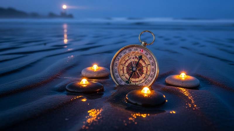 A vintage brass compass lies partly buried in rippled beach sand at twilight, surrounded by small stones each holding a warm glowing light, with shallow water reflecting the lights and a distant lighthouse in sea mist, symbolising a parent searching for steady truth and hope while facing the reality of mother abusing british children.