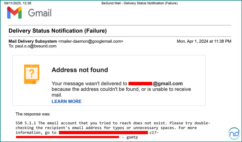 Email delivery failure notification showing anonymous warning about mother abusing British children could not be followed up as sender's address did not exist, leaving father unable to gather crucial details about ongoing abuse.