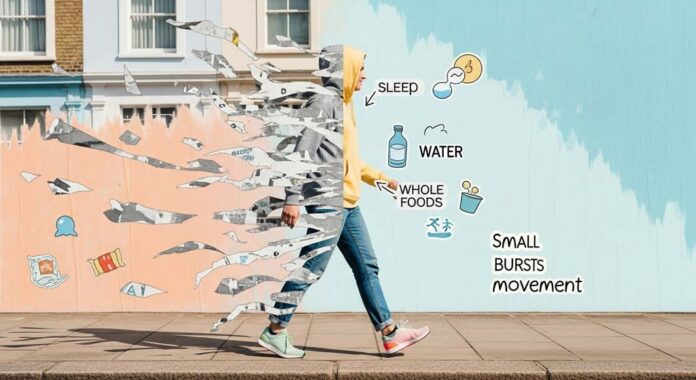 An ordinary person walks along a bright London street as torn poster-like strips peel from the back of their clothes while a fresh, cleaner layer with simple stickers for sleep, water, whole foods and movement appears at the front, showing how the body rebuilds itself through daily choices.