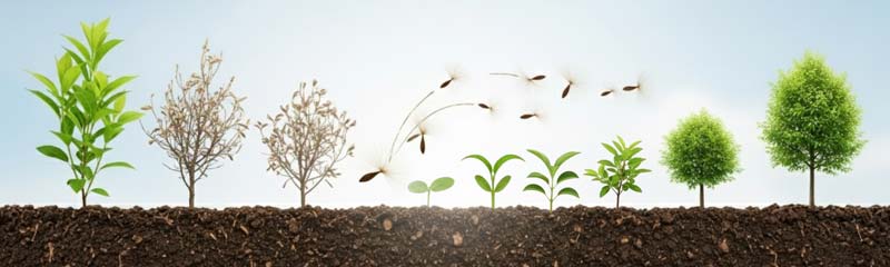 A left to right cycle shows seedlings growing into small trees, fading to bare branches at the midpoint, then a burst of seeds arcs forward and lands to sprout into new shoots and saplings, finishing with healthy mini trees across one continuous scene.