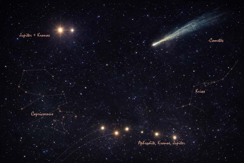 A star-filled sky combines a close pair of bright planets, a glowing comet with a long tail, and a line of planets traced along faint orbital arcs, with constellation outlines and Greek notes comparing different explanations for the Star of Bethlehem.
