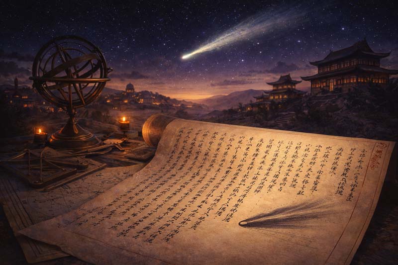 A candlelit Chinese scroll covered in calligraphy lies on a table beside metal astronomical instruments and a star chart, with a bright comet streaking across the twilight sky above distant buildings.