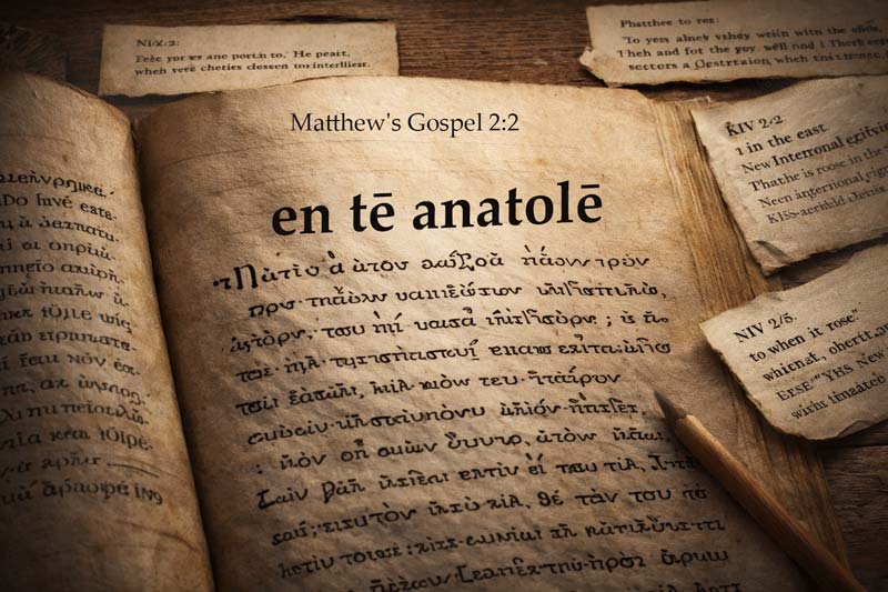 An open parchment manuscript shows the Greek phrase “en tē anatolē” beneath the heading “Mattheos 2:2”, surrounded by small translation fragments on a wooden table.