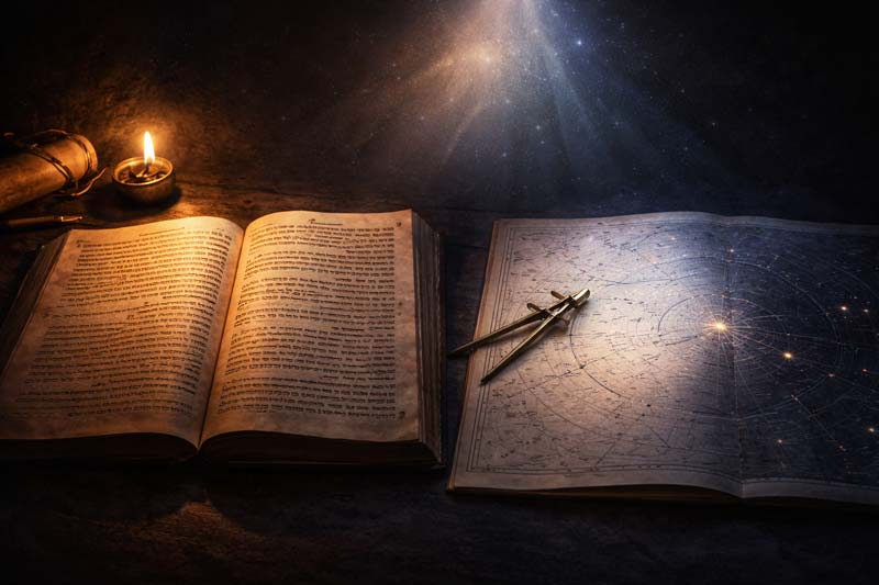 An open Hebrew Bible lit by an oil lamp sits beside a detailed star chart with measuring dividers under cool light, with a faint glow between them suggesting the space where science and meaning meet in the Star of Bethlehem.