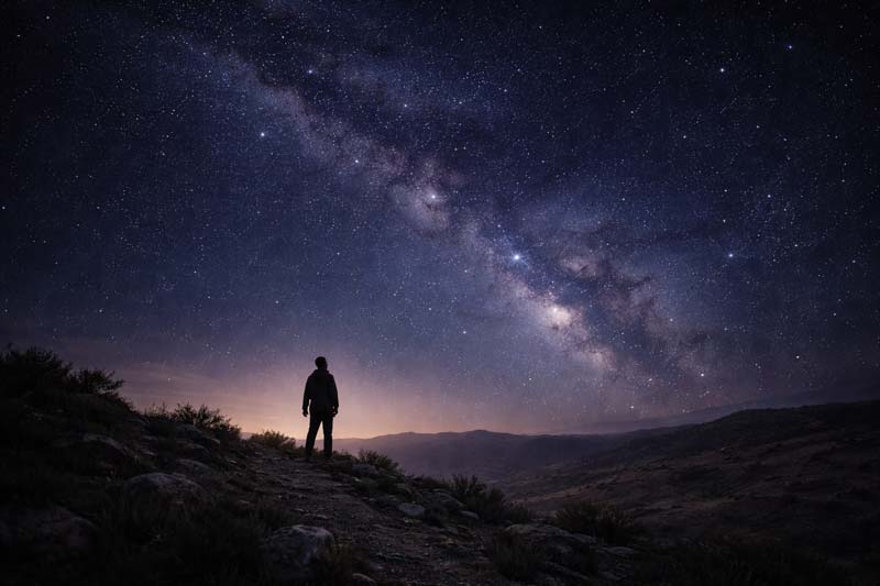 A lone figure stands on a rocky hilltop watching the Milky Way stretch across a star-filled night sky above dark rolling hills and a faint glow on the horizon.