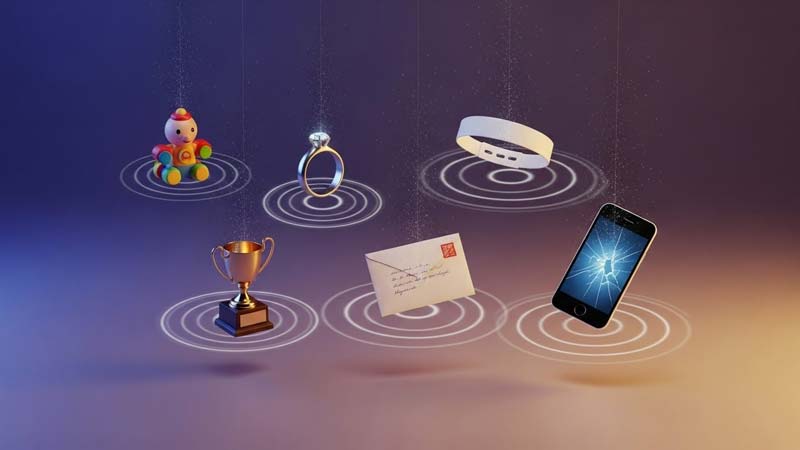A toy, ring, trophy, sealed letter, hospital wristband, and cracked smartphone float in space with glowing ripple rings and drifting particles, showing how experiences leave the past behind in the mind.