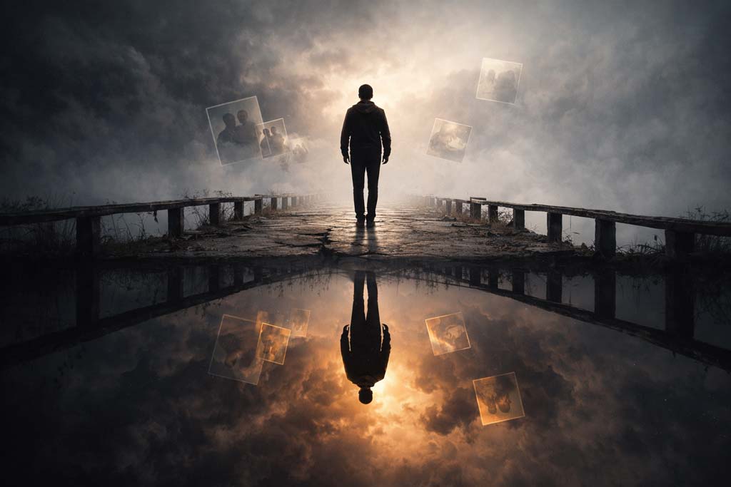 A lone silhouetted figure stands on a broken bridge in fog, with floating translucent photo frames around them and a dark mirrored reflection below, suggesting how the past lingers as you try to leave the past behind.