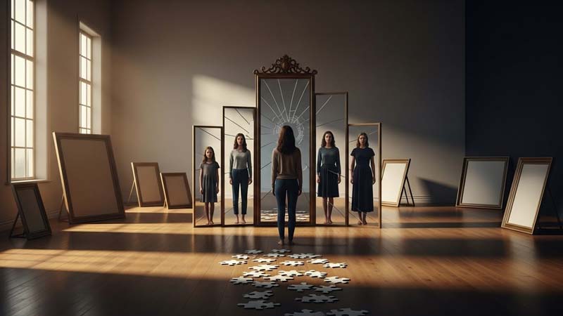A female stands in a quiet gallery facing a cracked ornate mirror where fragmented reflections show the same figure at different life stages, while a pathway of puzzle pieces leads to a gap at her feet.