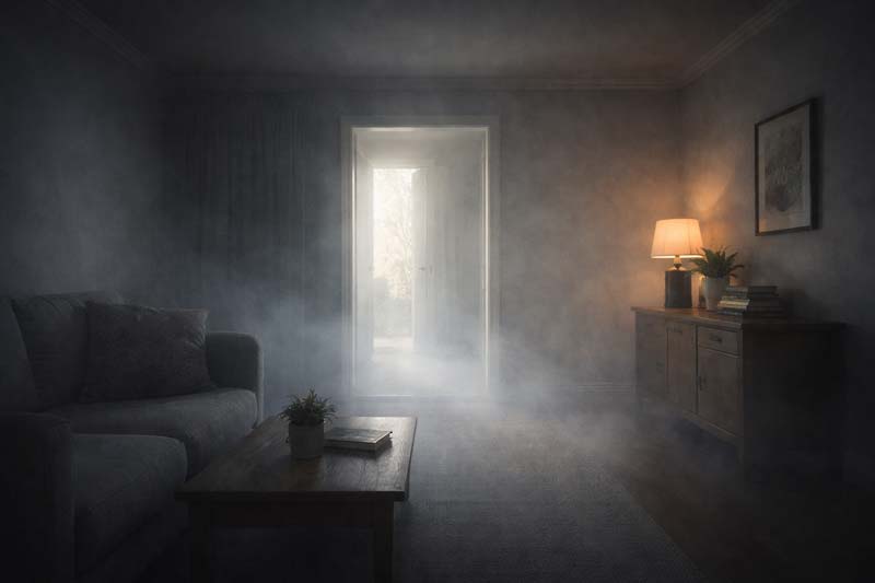 An empty living room sits under dim, muted light as a pale haze gathers through the space, with a distant doorway glowing softly beyond the room, evoking pain, loss, and powerlessness.